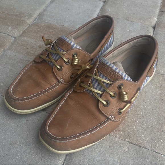Sperry Size 8.5 Women's Songfish Blue Striped with Gold Metallic Laces Boat Shoe - Picture 2 of 7